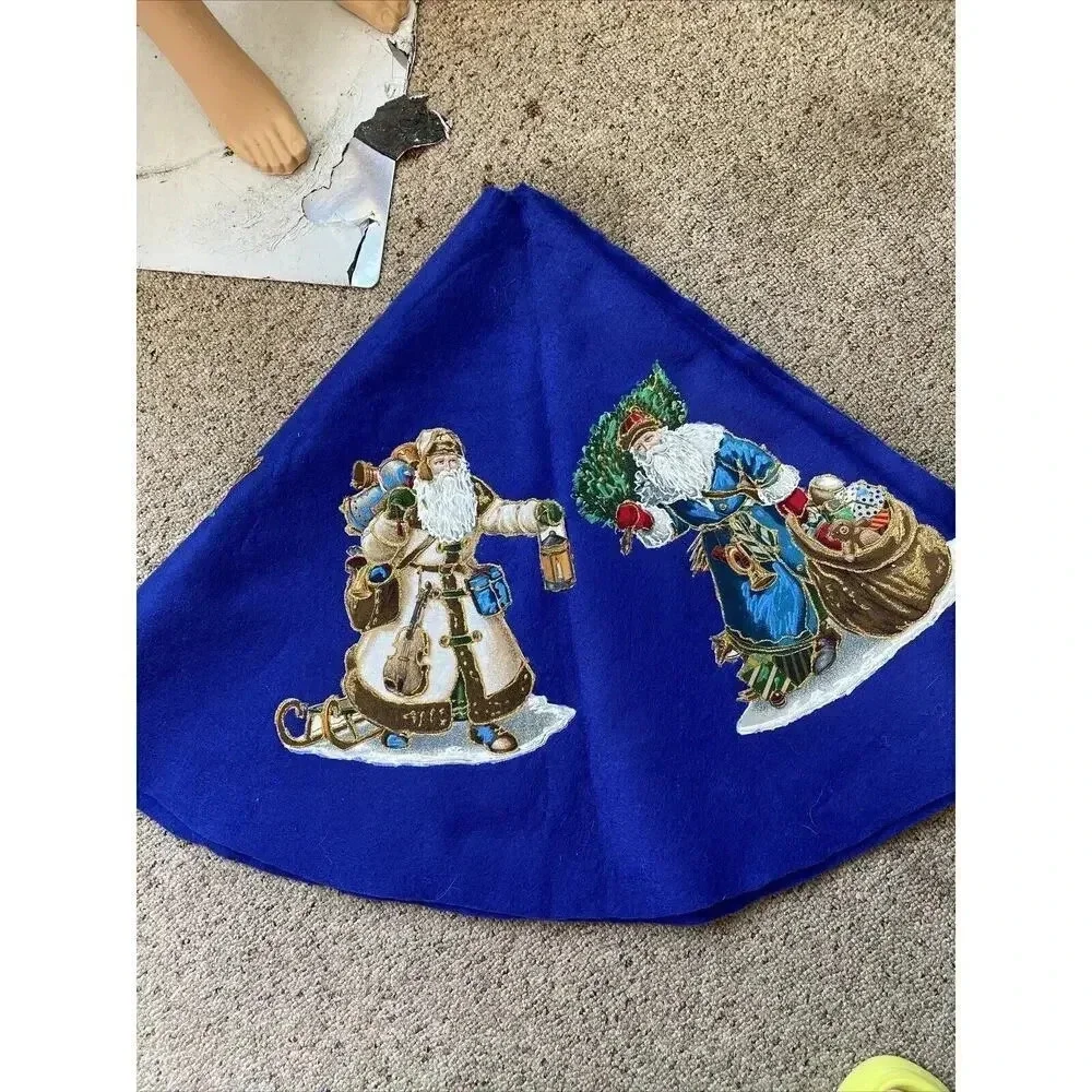 Vintage Blue MERRY CHRISTMAS TREE SKIRT Fabric Panel Santa Clause Holiday Decor